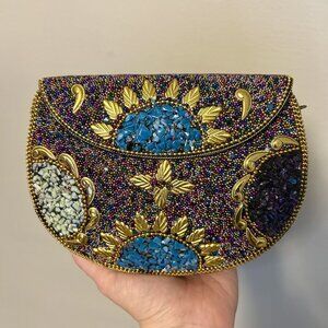 Ramla Beaded Clutch Purple Multicolor Mosaic Chain Strap Handmade NEW Prom